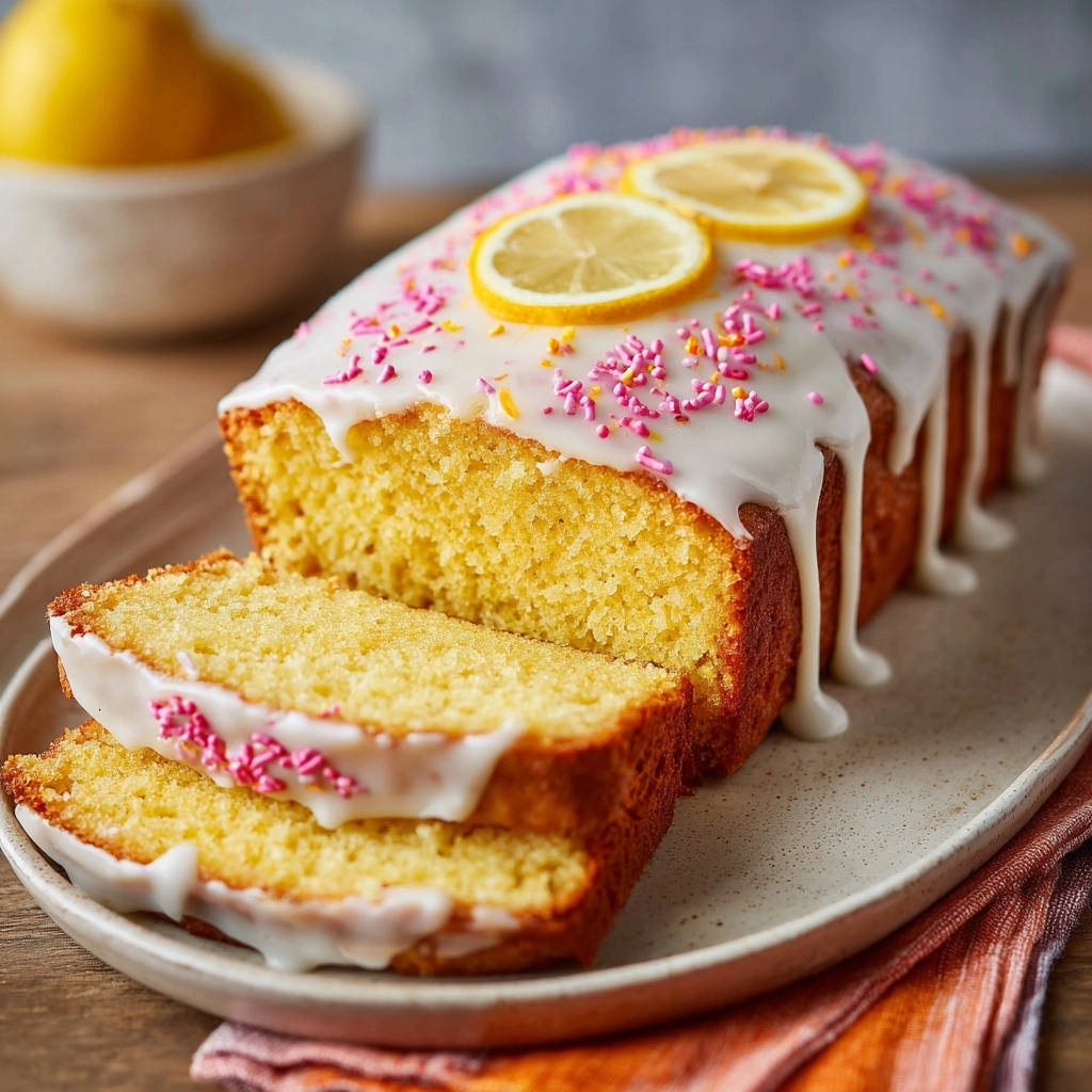 Saftiger Zitronenkuchen angeschnitten mit Zuckerguss und bunten Streuseln, garniert mit Zitronenscheiben.