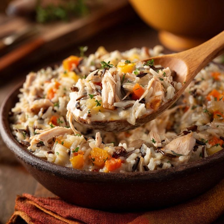 Sahniger Hähnchen-Wildreis-Topf mit einem Holzlöffel, der eine Portion mit saftigem Hähnchen und Gemüse zeigt, Nahaufnahme.