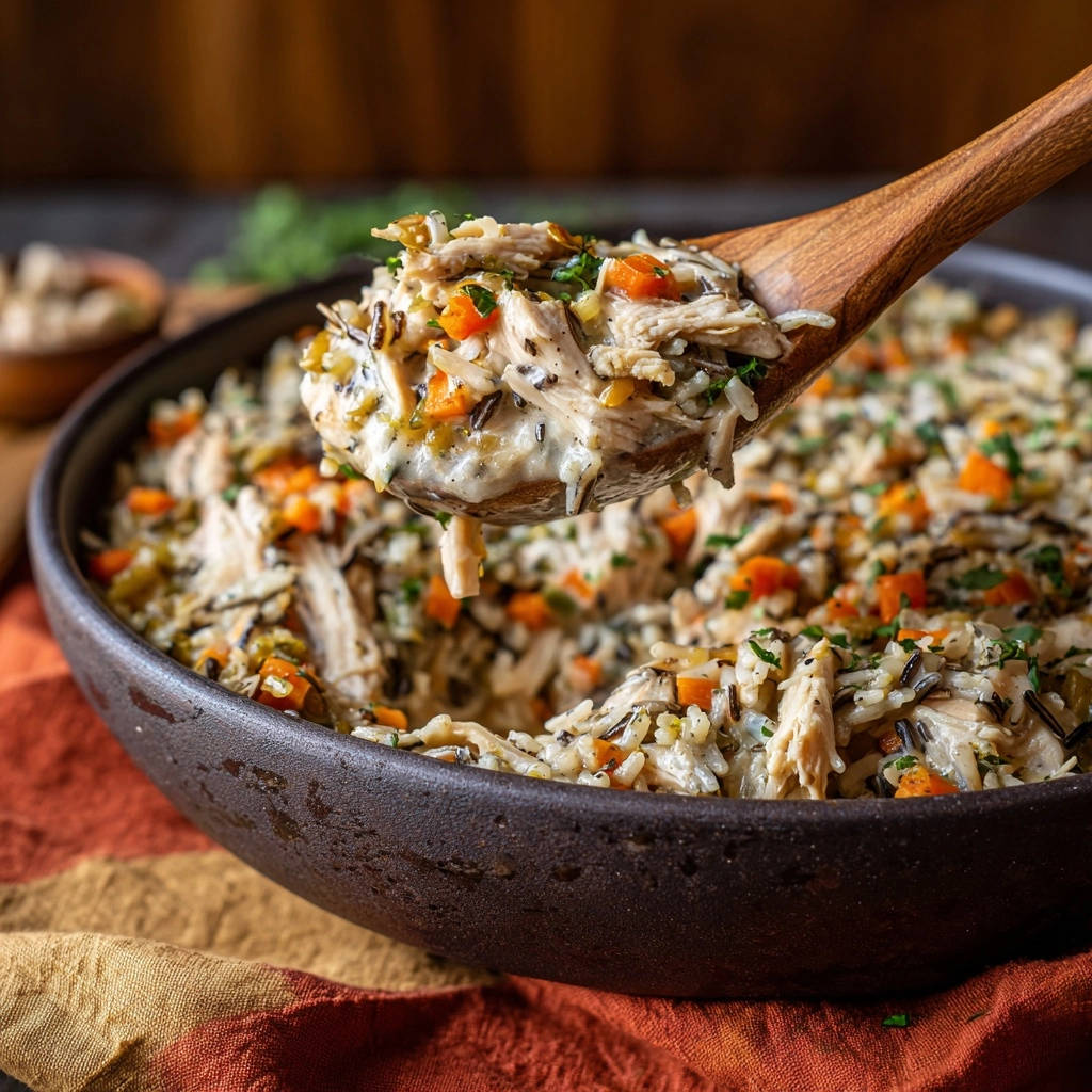Sahniger Hähnchen-Wildreis-Topf mit einem Holzlöffel, der eine cremige Portion des Eintopfs zeigt, mit Karotten und Petersilie.