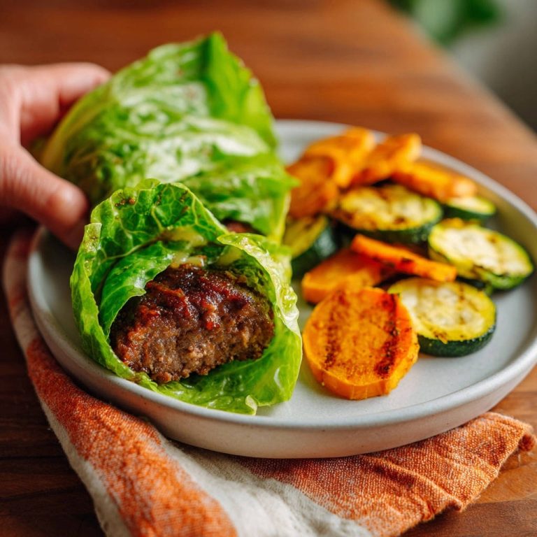 Low-Carb Salat-Wraps mit Saftigen Patties und Gegrilltem Gemüse, Nahaufnahme eines Wraps, der ein Patty und eine Sauce zeigt