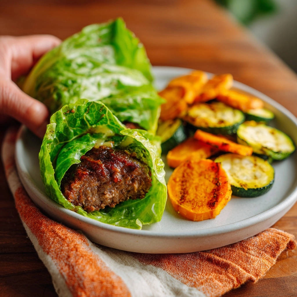 Low-Carb Salat-Wraps mit Saftigen Patties und Gegrilltem Gemüse, Nahaufnahme eines Wraps, der ein Patty und eine Sauce zeigt