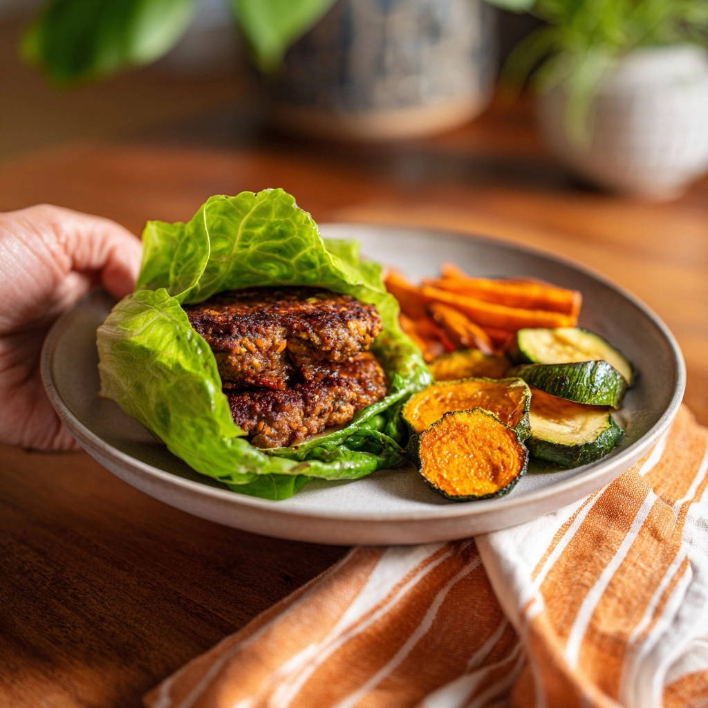 Low-Carb Salat-Wraps mit Saftigen Patties und Gegrilltem Gemüse, serviert auf einem Teller mit Karotten und Zucchini.