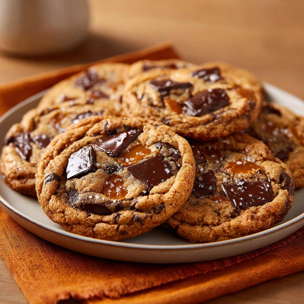 Salty Caramel Chocolate Chunk Cookies, nahaufnahme der weichen und zähen Kekse mit geschmolzenem Karamell und Schokoladenstücken.