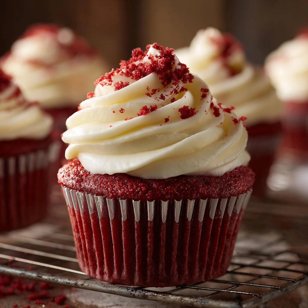Samtige Red Velvet Cupcakes mit cremiger Glasur und roter Krümelgarnitur, nahaufnahme