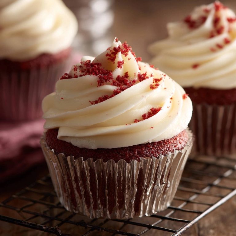 Samtige Red Velvet Cupcakes mit cremiger Glasur und roten Streuseln, nahaufnahme der Garnitur auf einem Gitter