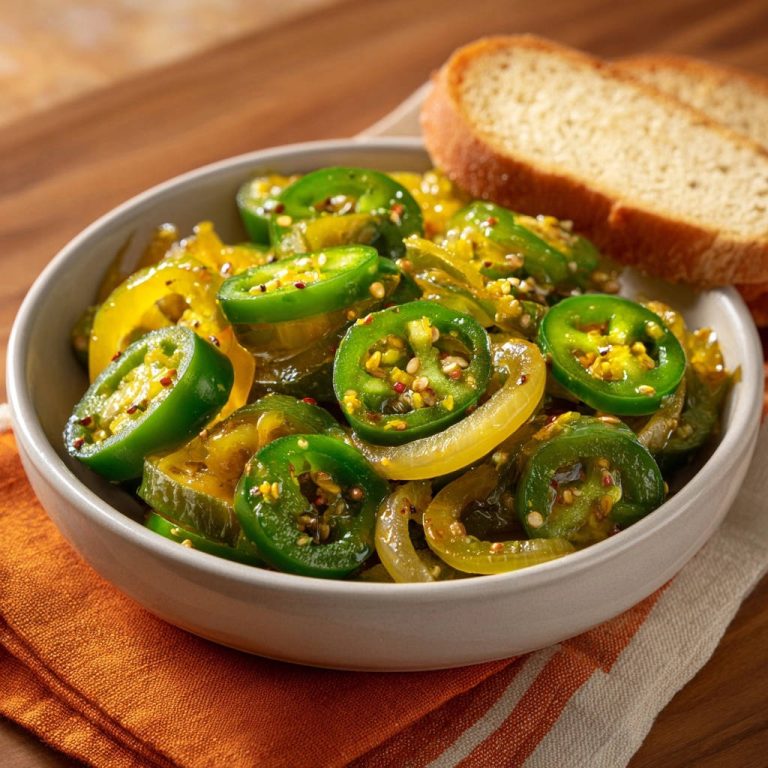 Scharf-süße eingelegte Peperoni in einer Schüssel mit Brot, Nahaufnahme der bunten eingelegten Peperonischeiben.