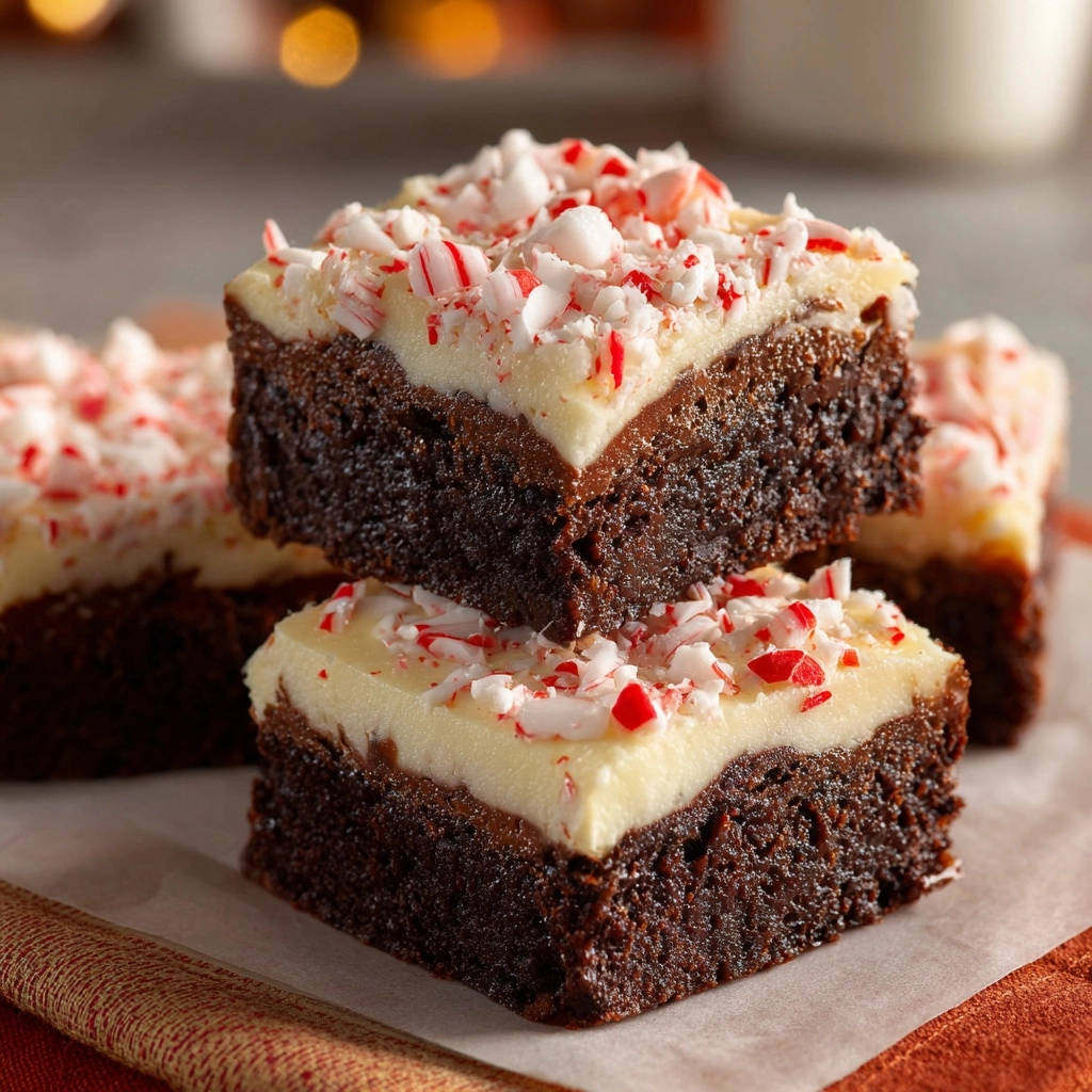 Fudgy Schoko-Minz-Brownies mit weißem Topping und zerstoßenen Pfefferminzbonbons, gestapelt im Vordergrund.