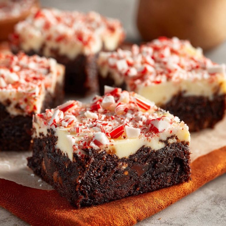 Fudgy Schoko-Minz-Brownies mit weißer Glasur und zerstoßenen Pfefferminzbonbons, nahaufnahme garniert