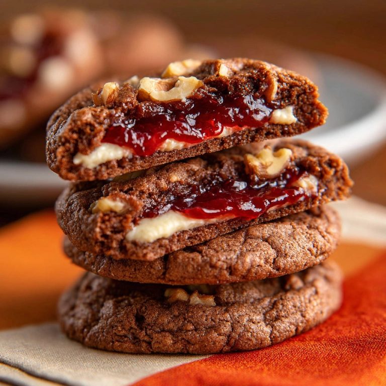 Saftige Schoko-Nuss-Kekse mit Fruchtfüllung im detailreichen Querschnitt, die das cremige Innere und die roten Fruchtstücke zeigen.