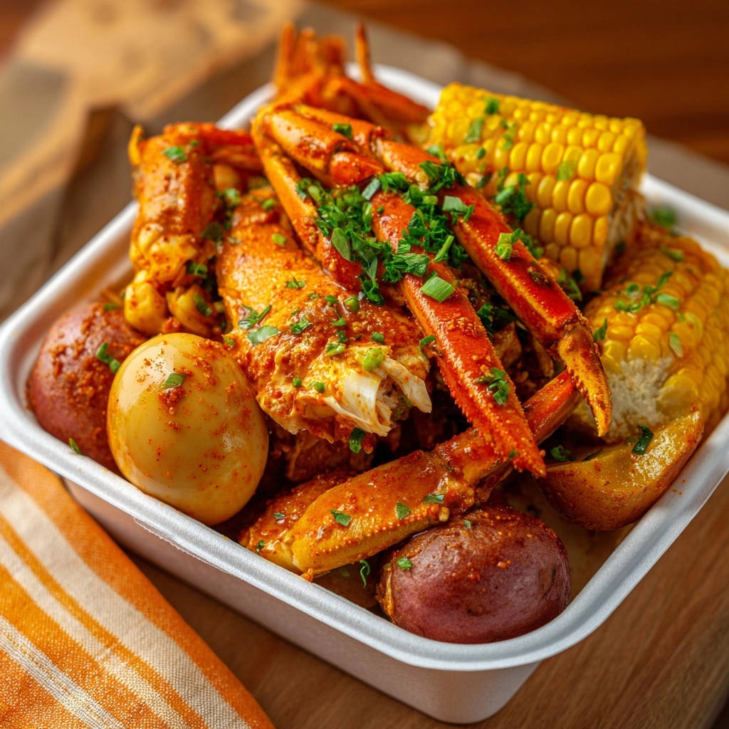 Deutscher Seafood Boil à la Louisiane, ein würziges Gericht mit Krabben, Mais und Kartoffeln, reichlich mit frischen Kräutern garniert.