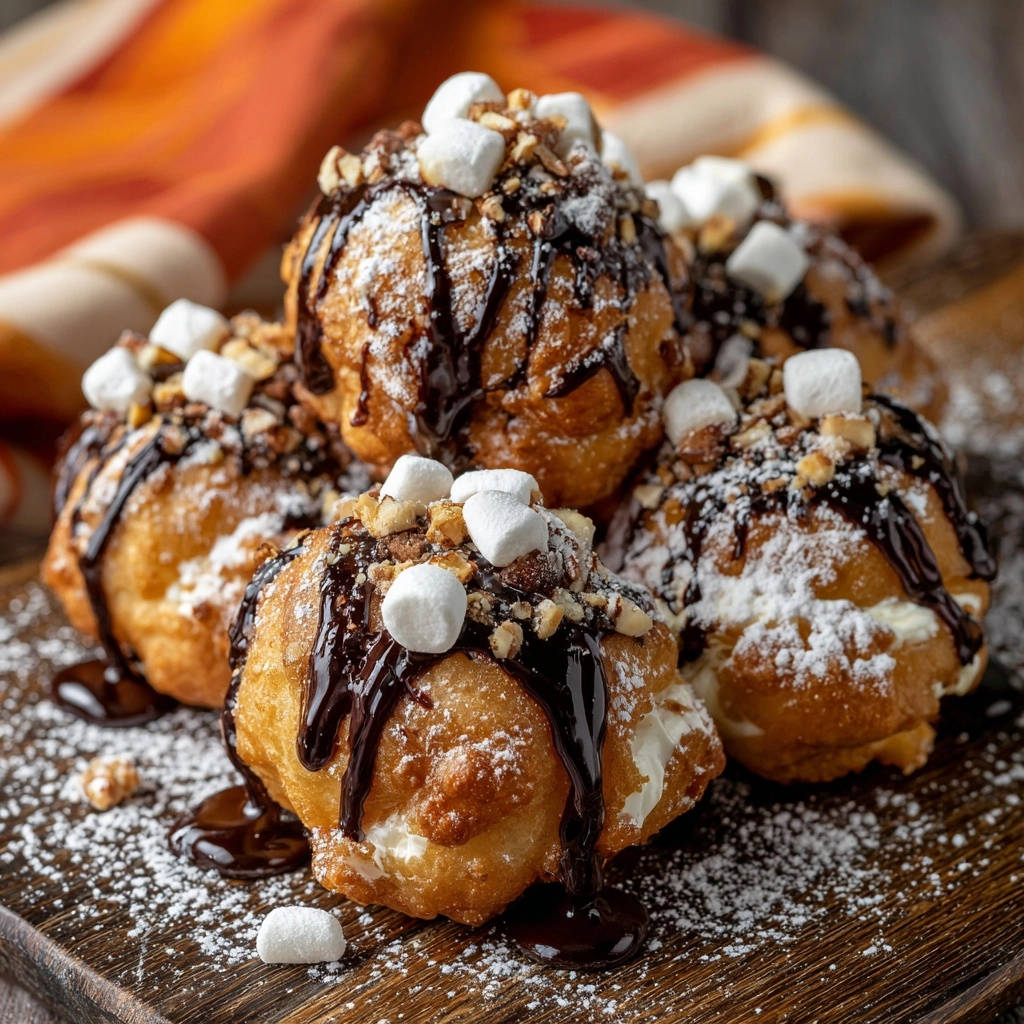 S’mores-Windbeutel Deluxe mit Schokoladensauce, Marshmallows und Nüssen, detailreich garniert auf einem Holzbrett.