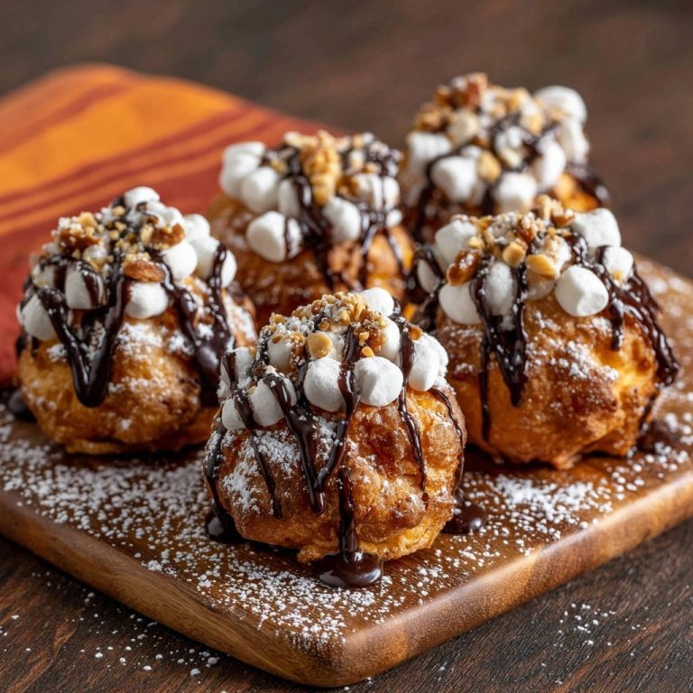 S’mores-Windbeutel Deluxe mit Marshmallows, Schokoladensauce und Nüssen, detailreich garniert auf einem Holzbrett