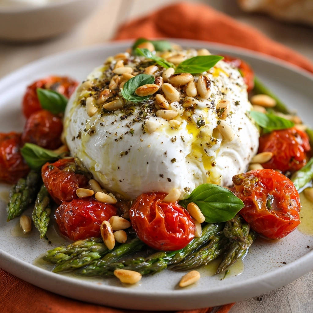Sommerliche Burrata-Bowl mit Ofengemüse, garniert mit Pinienkernen und Basilikum auf einem Teller
