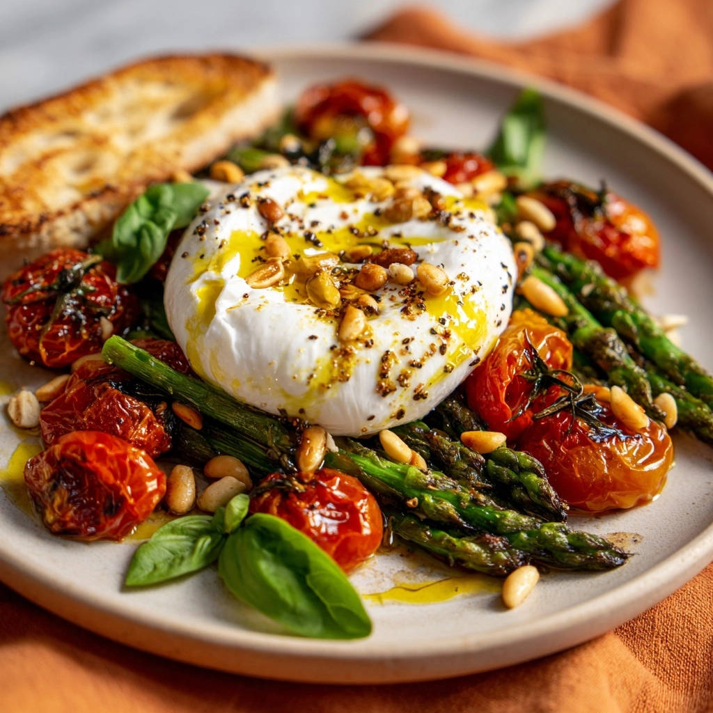Sommerliche Burrata-Bowl mit Ofengemüse, nah aufgenommen mit geschmolzener Burrata und gerösteten Tomaten.