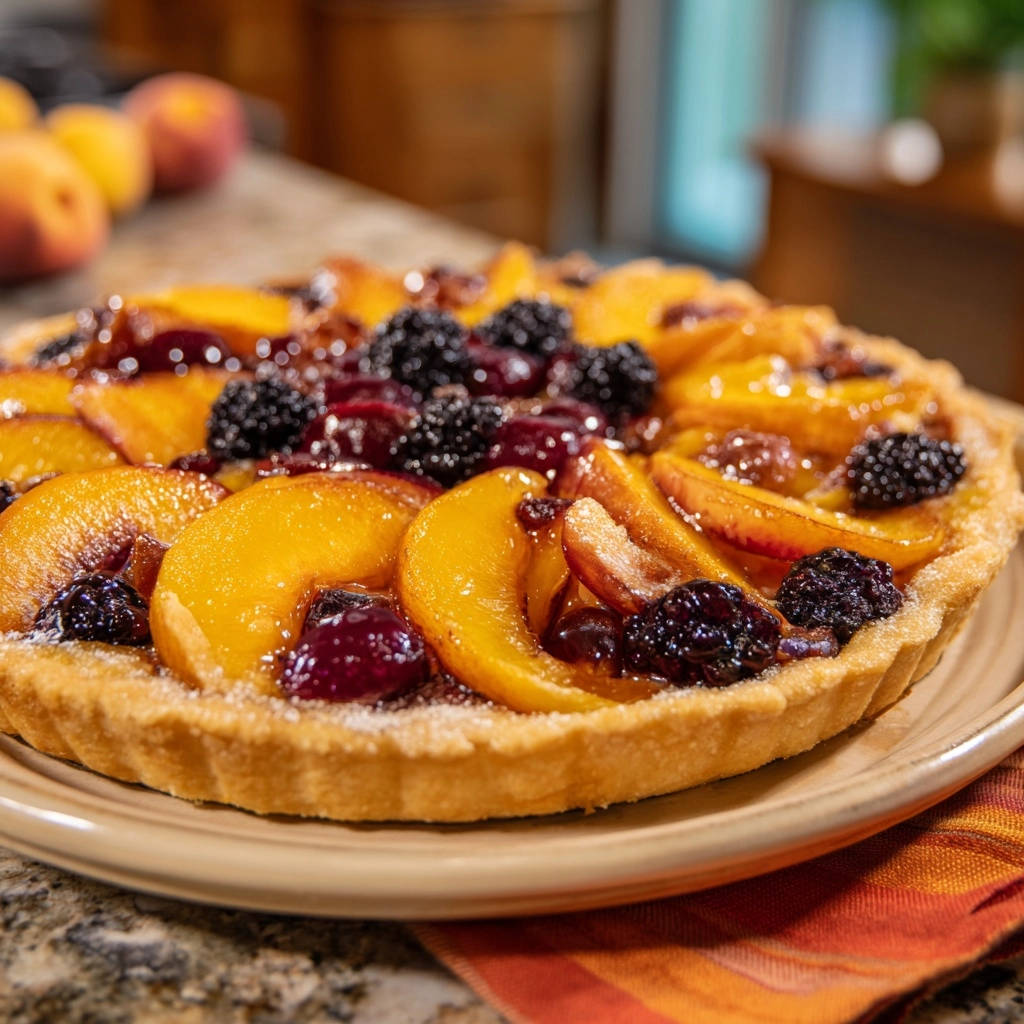 Sommerliche Pfirsich-Brombeer-Tarte mit einem detailreichen Blick auf den saftigen Obstbelag und die knusprige Kruste.