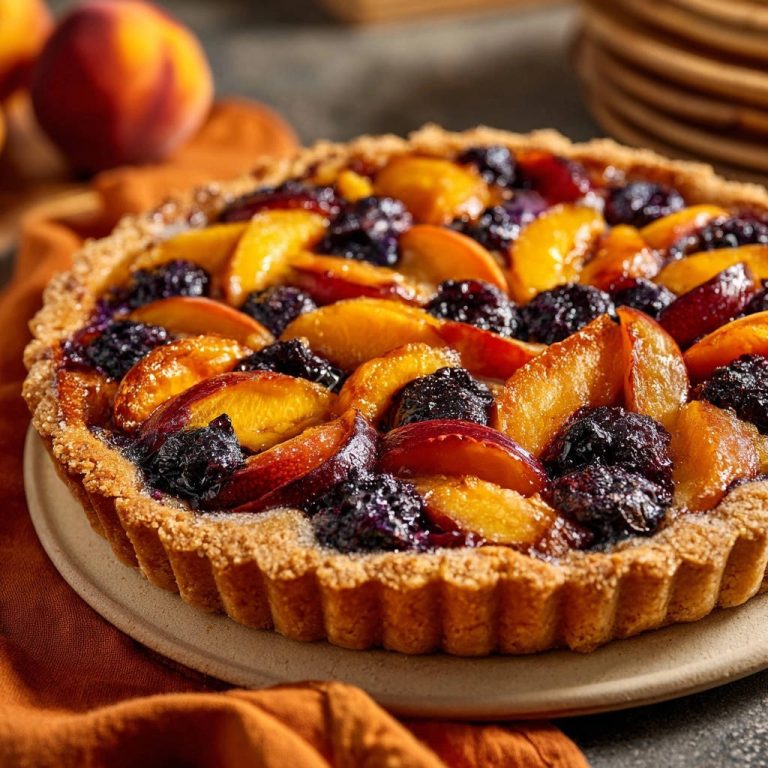 Sommerliche Pfirsich-Brombeer-Tarte als Nahaufnahme des reichhaltigen Fruchtbelags mit Pfirsichscheiben und Brombeeren.