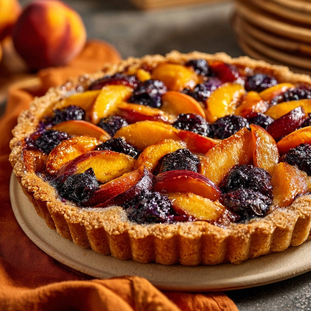 Sommerliche Pfirsich-Brombeer-Tarte als Nahaufnahme des reichhaltigen Fruchtbelags mit Pfirsichscheiben und Brombeeren.