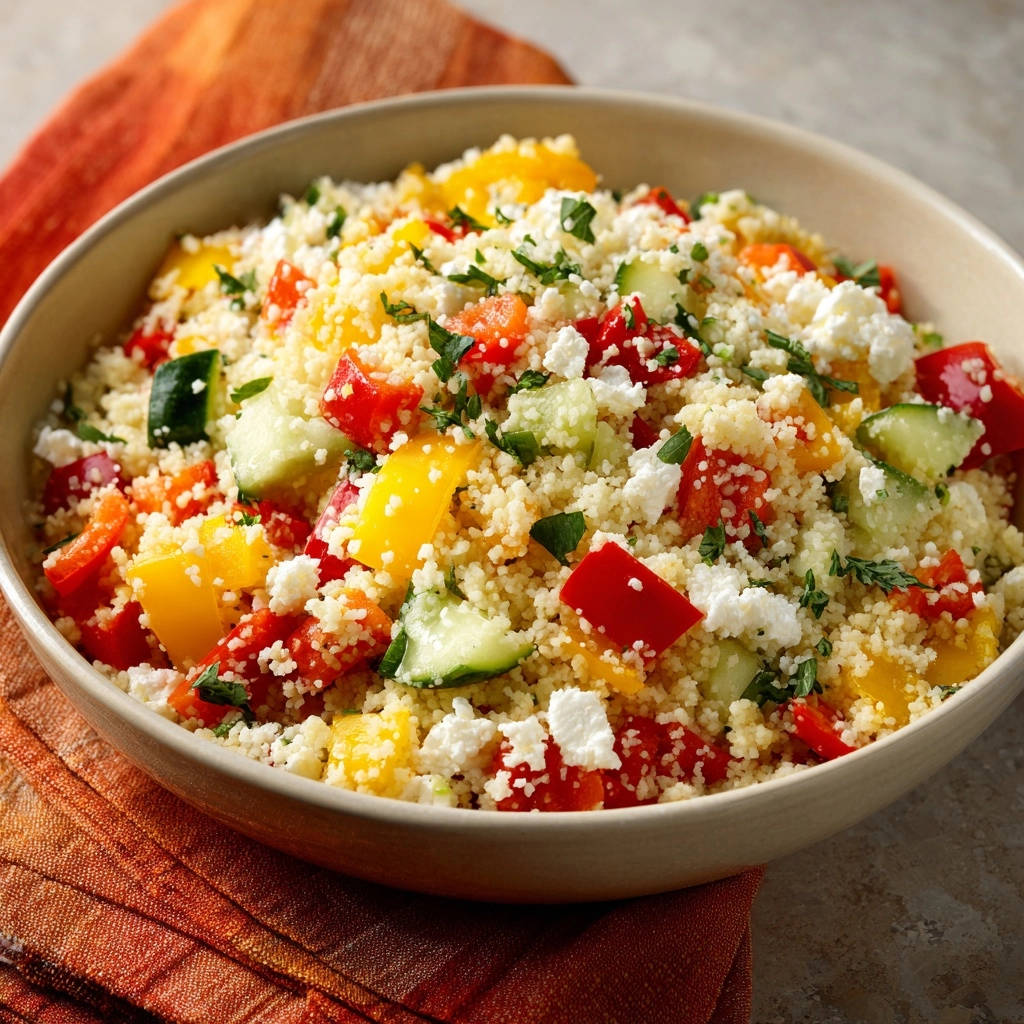 Sommerlicher Couscous-Salat mit bunten Paprika, Gurken und Feta in einer Schüssel, Nahaufnahme.