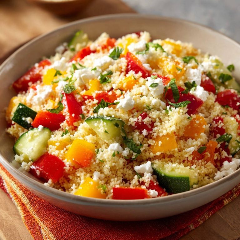 Sommerlicher Couscous-Salat mit bunten Gemüsestückchen und Feta in einer Schüssel, Nahaufnahme.