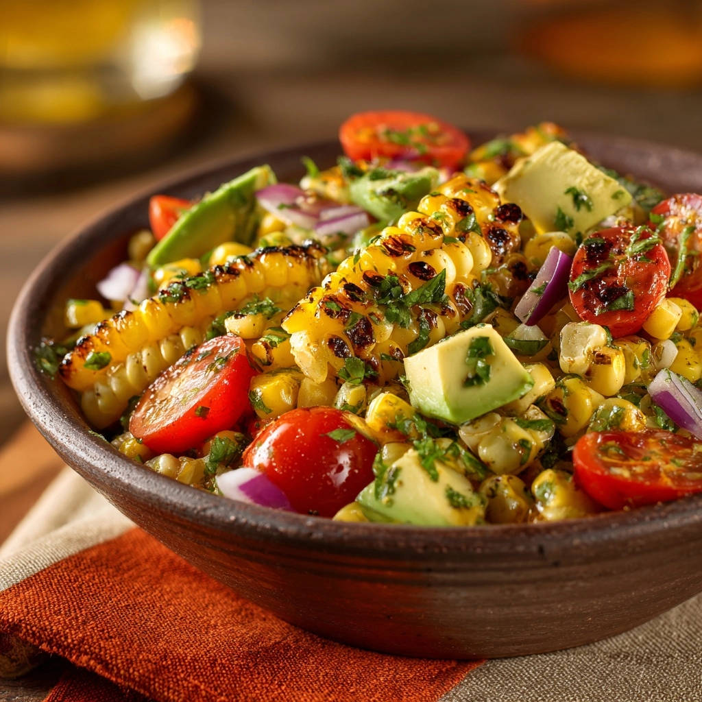 Sommerlicher Grillmais-Avocado-Salat in einer Schüssel, eine Nahaufnahme mit Fokus auf die gegrillten Maiskolben und frische Zutaten.