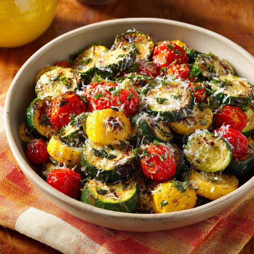 Sonniges Zucchini-Tomaten-Pfannengemüse mit Parmesan und Kräutern, nah aufgenommen und mit frischer Petersilie garniert.