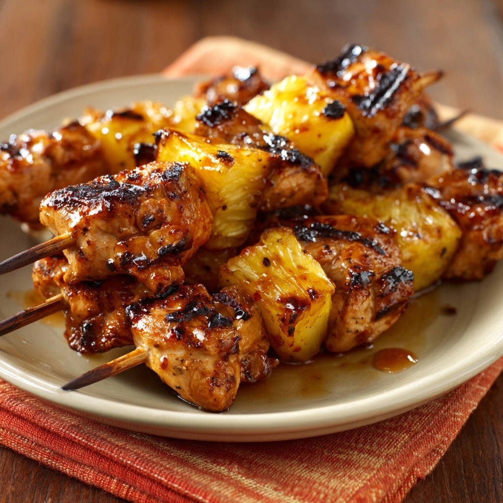 Tropische Hähnchen-Ananas-Spieße mit glänzender Glasur, Nahaufnahme der gegrillten Fleischstücke und Ananas.