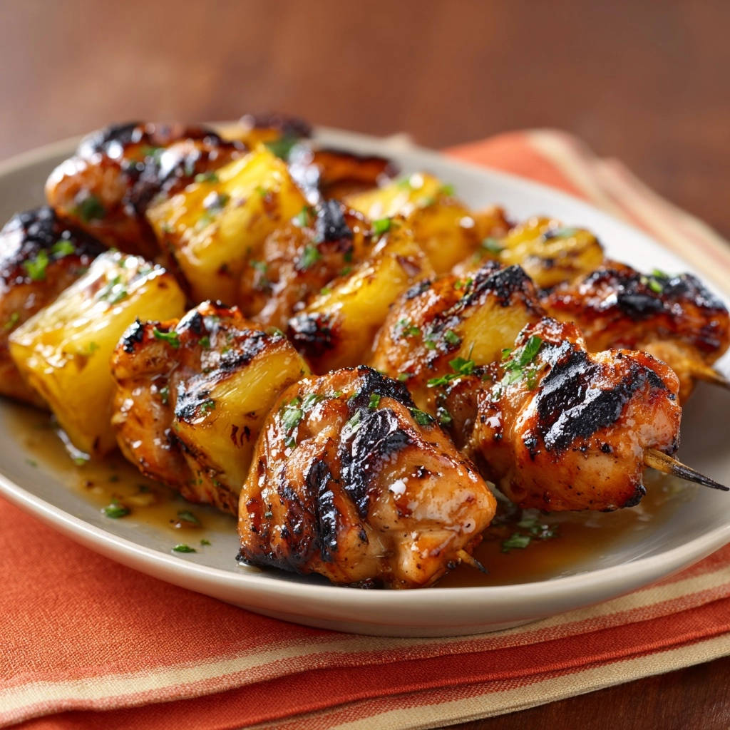 Tropische Hähnchen-Ananas-Spieße mit glänzender, gegrillter Glasur und frischer Petersilie, nahaufnahme