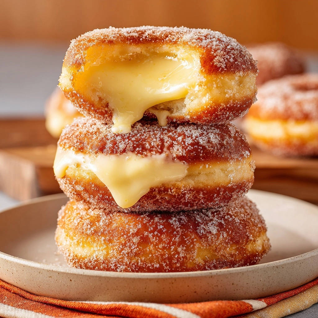 Cremige Vanille-Berliner mit einer köstlichen Vanillecreme, die aus dem angeschnittenen Gebäck fließt.