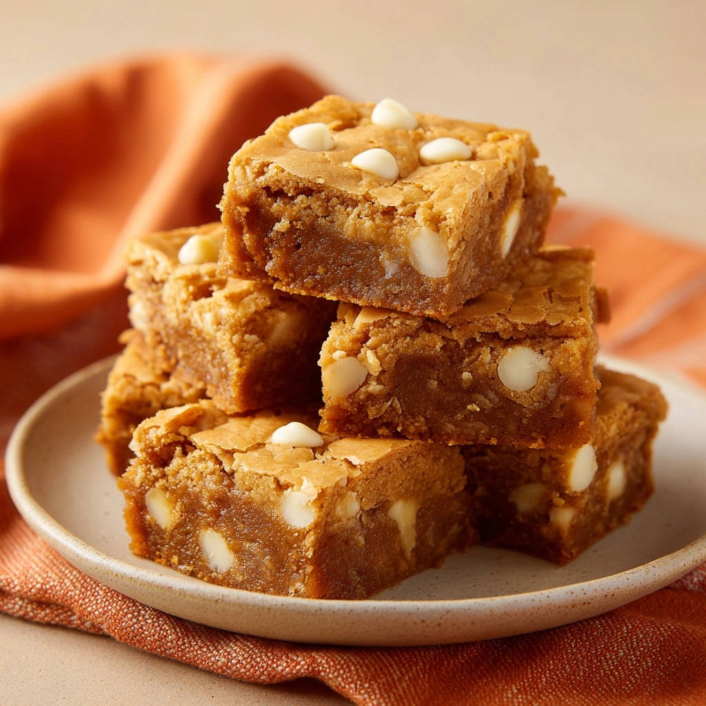 Weiße Schoko-Blondies als saftiger Stapel auf einem Teller, nah aufgenommen mit weißen Schokostückchen.
