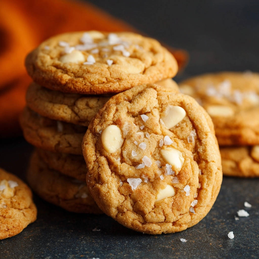 Saftige White Chocolate Cookies mit Meersalz, eine Nahaufnahme eines Stapels, die die weiche Textur und weißen Schokoladenstücke zeigt.
