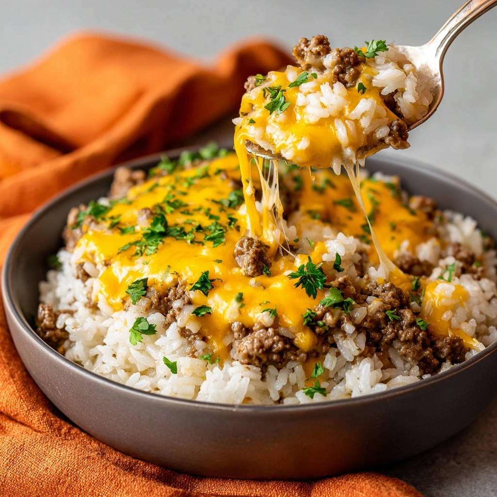 Würzige Hackfleisch-Reis-Bowl mit geschmolzenem Käse und Petersilie, Nahaufnahme mit Käsefäden von einem Löffel