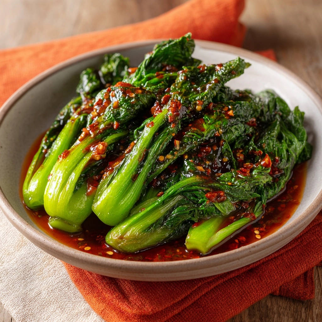 Würziger Pak Choi aus dem Wok mit einer glänzenden, würzigen Soße, die die knackigen grünen Blätter und Stiele überzieht.