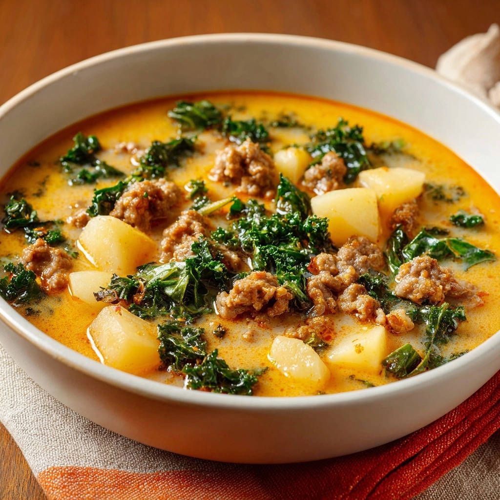Herzhafte Wurst-Kartoffel-Grünkohl-Suppe in einer Schüssel mit detaillierter Nahaufnahme der Zutaten.