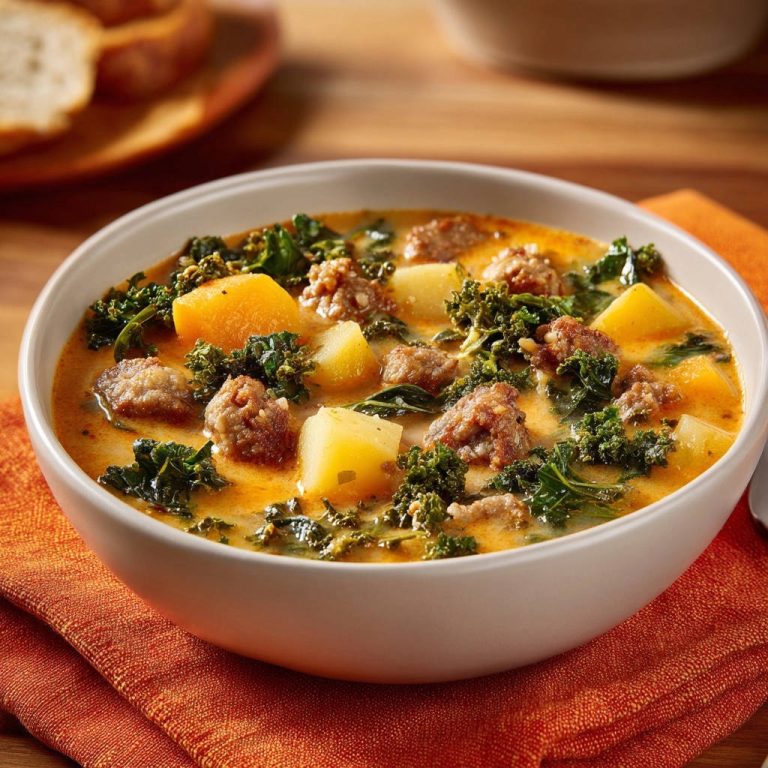 Herzhafte Wurst-Kartoffel-Grünkohl-Suppe als Nahaufnahme einer Portion in einer Schüssel mit deutlichen Stücken von Würstchen, Kartoffeln und Grünkohl.
