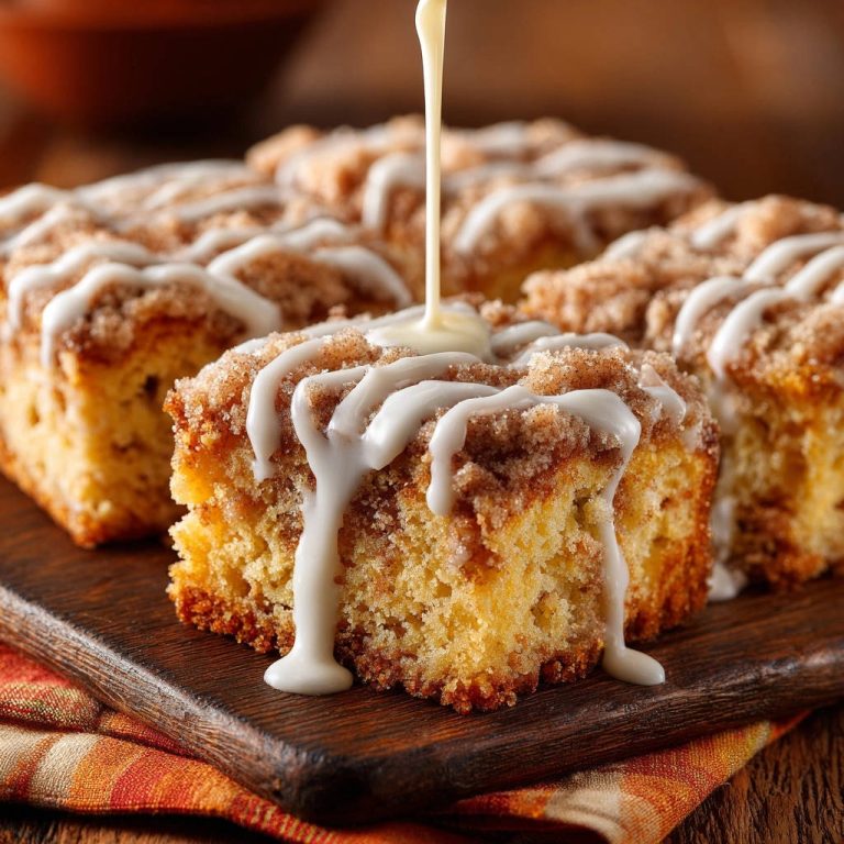 Zimt-Streuselkuchen mit einer süßen Glasur, die von oben auf die saftigen Kuchenstücke tropft.