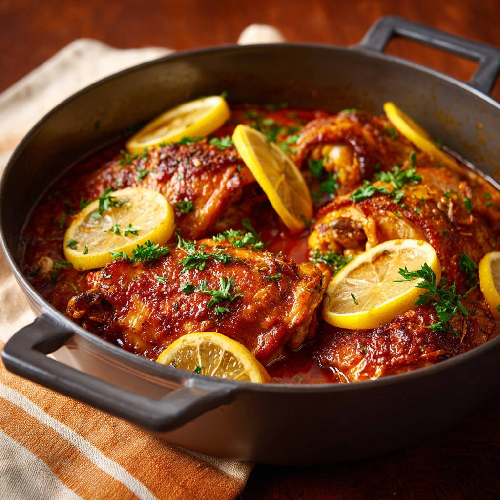 Zitronen-Hähnchen in Tomatensoße saftig und knusprig im Schmortopf, serviert mit Zitronenscheiben und Petersilie.