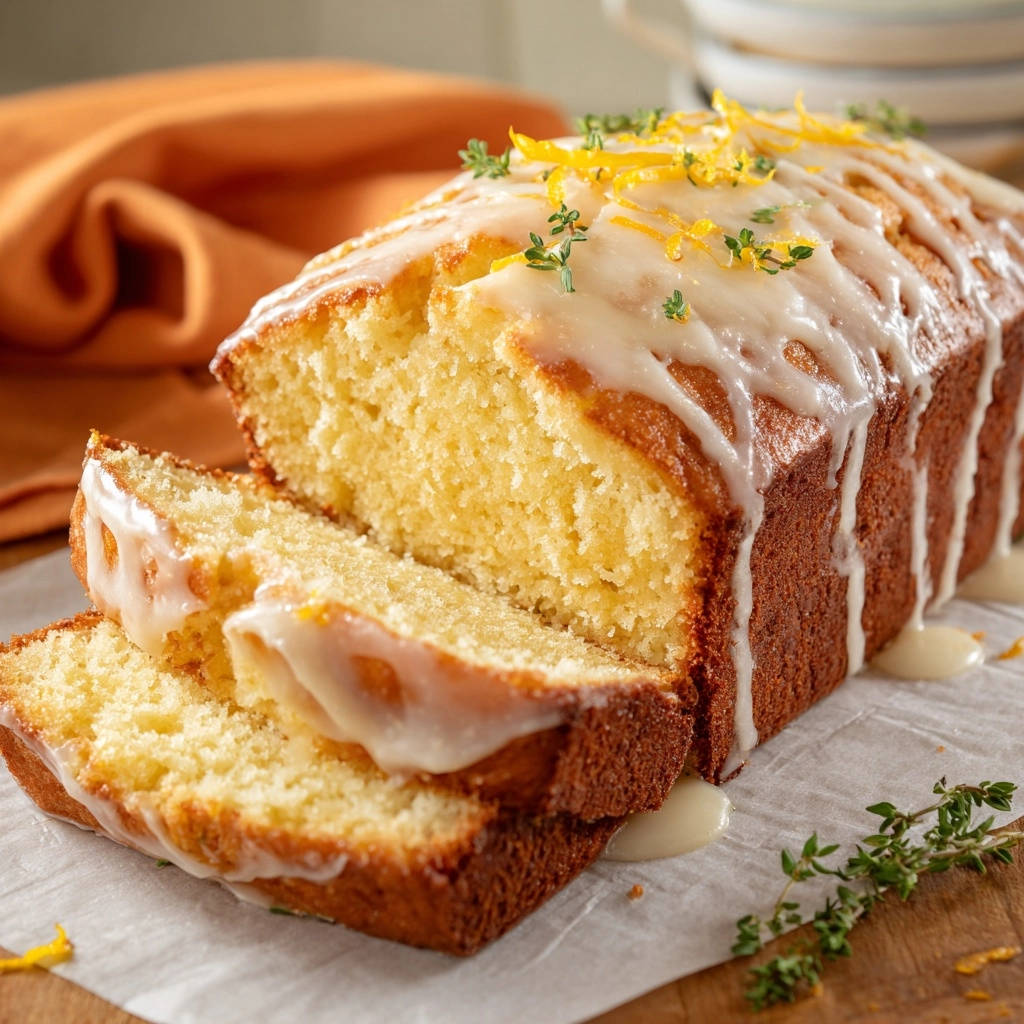 Saftiger Zitronen-Kastenkuchen angeschnitten, mit glänzender Zitronenglasur und frischer Garnitur, zeigt seine saftige Textur.
