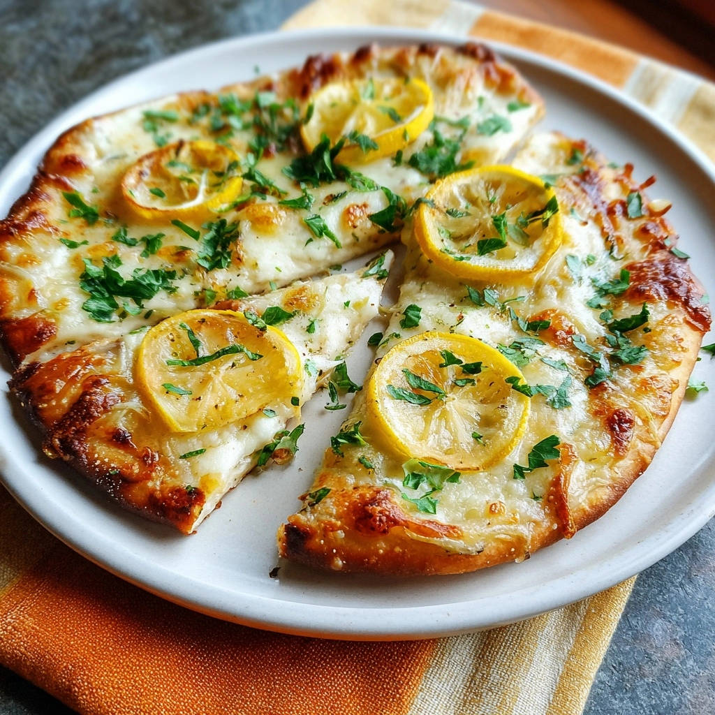 Zitronen-Käse-Flatbread, angeschnitten und mit frischer Petersilie garniert, zeigt eine köstliche Käseschicht und Zitronenscheiben.