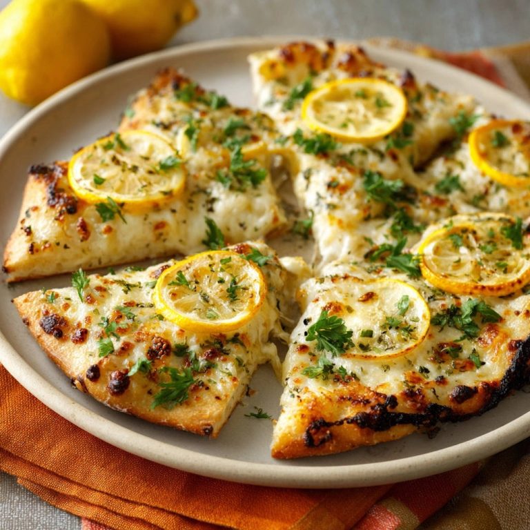 Zitronen-Käse-Flatbread, angeschnitten und auf einem Teller serviert, mit frischer Petersilie garniert und Zitronenscheiben belegt.