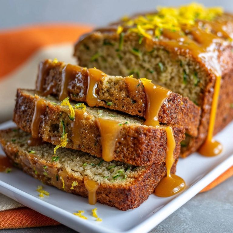Saftiges Zitronen-Zucchini-Brot mit Karamell-Glasur, angeschnitten und mit zarter Karamellglasur übergossen.