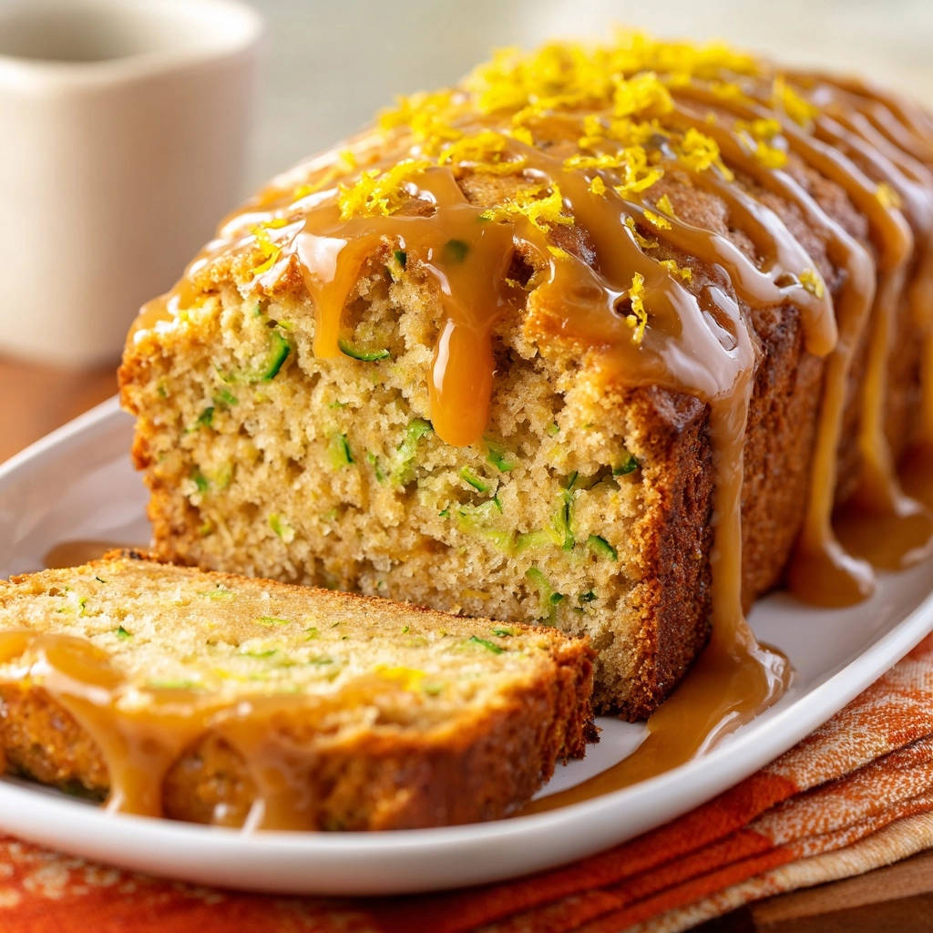 Saftiges Zitronen-Zucchini-Brot mit Karamell-Glasur angeschnitten, mit einer Scheibe auf dem Teller und feiner Glasur.
