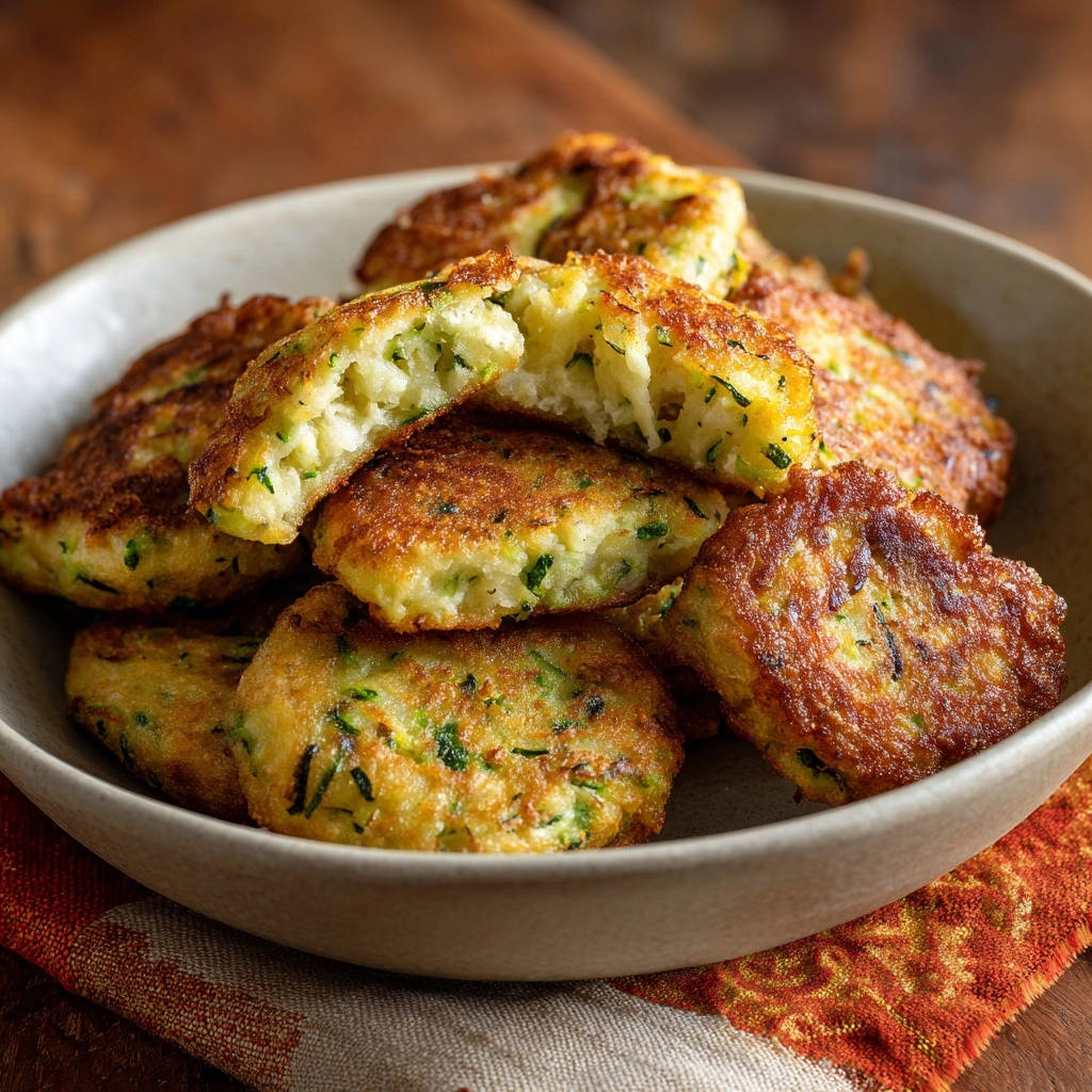 Knusprige Zucchini-Reis-Puffer angeschnitten, die das goldbraune Äußere und die fluffige Innenseite zeigen.