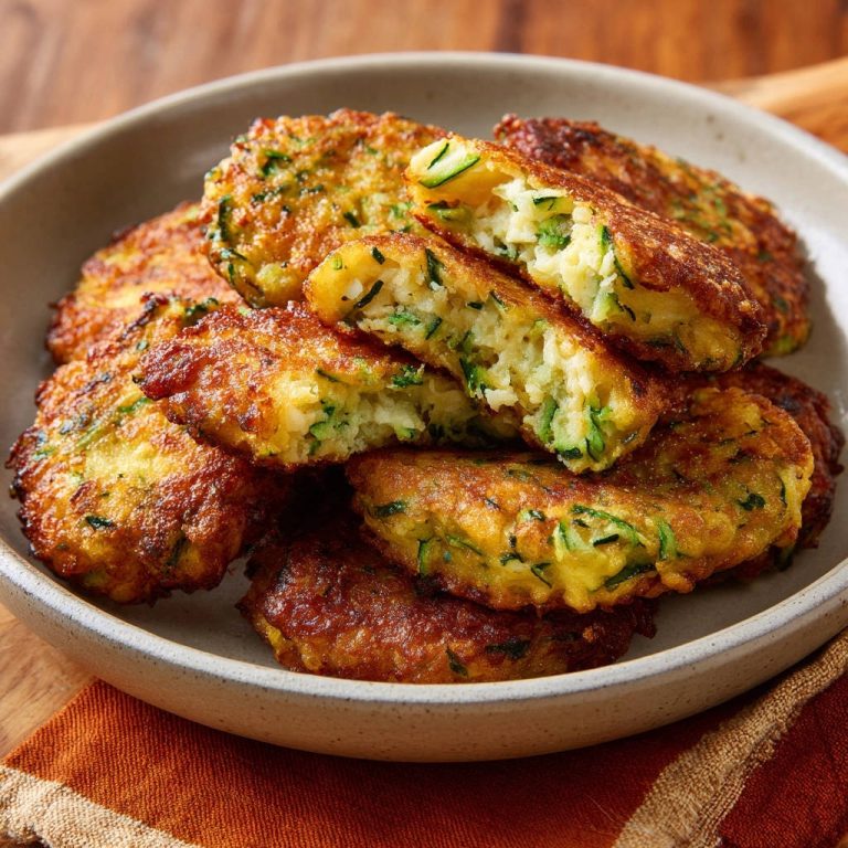 Knusprige Zucchini-Reis-Puffer angeschnitten, die innen eine lockere Textur mit Zucchini-Streifen und Reis zeigen.