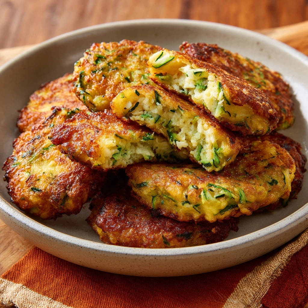 Knusprige Zucchini-Reis-Puffer angeschnitten, die innen eine lockere Textur mit Zucchini-Streifen und Reis zeigen.