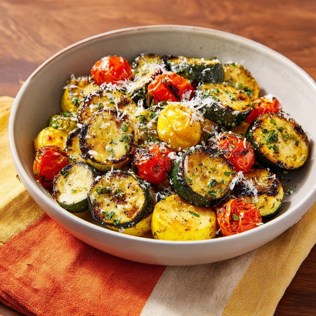 Sonniges Zucchini-Tomaten-Pfannengemüse in einer Schüssel, garniert mit geriebenem Käse und Kräutern.