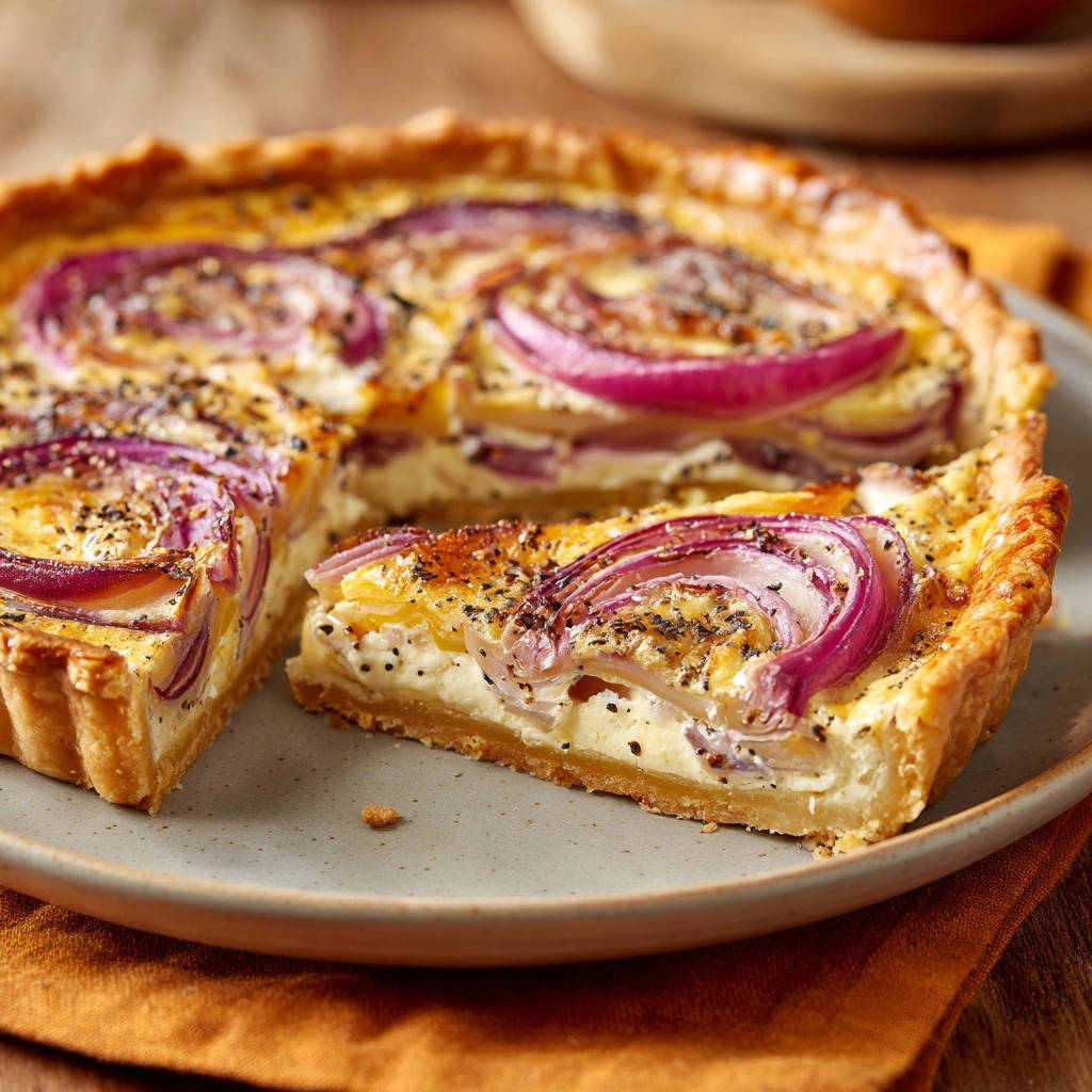 Herzhafter Zwiebelkuchen angeschnitten, Nahaufnahme zeigt den knusprigen Boden und die geschichteten Zwiebeln im Inneren.
