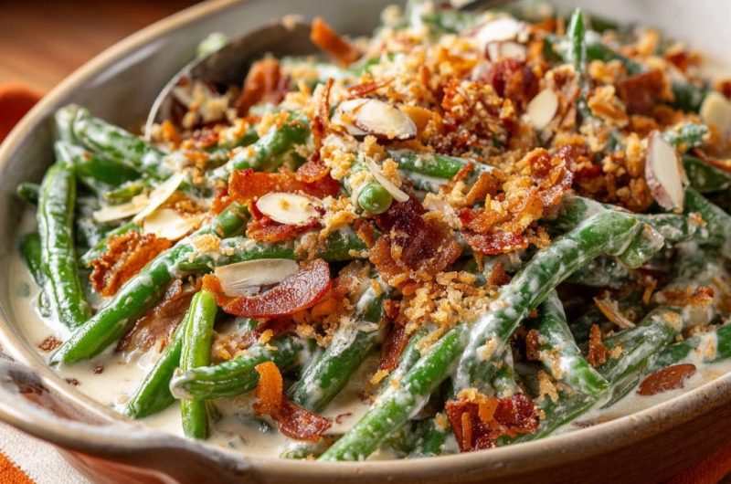 Cremige Grüne Bohnen mit Knusper-Speck & Mandeln