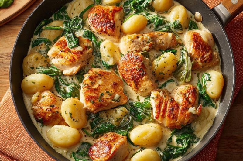 Cremige Hähnchen-Gnocchi-Pfanne mit Spinat