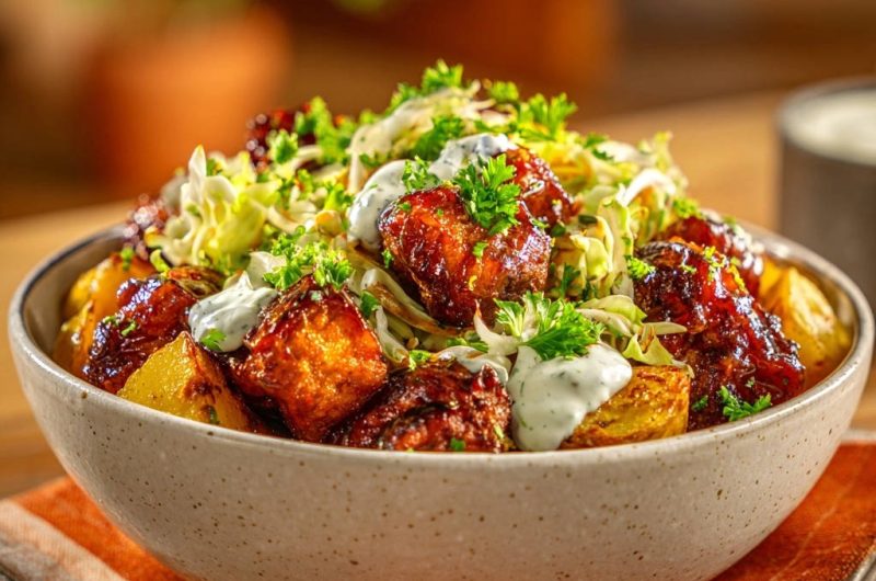 Glasiertes Hähnchen Bowl mit Knusperkartoffeln