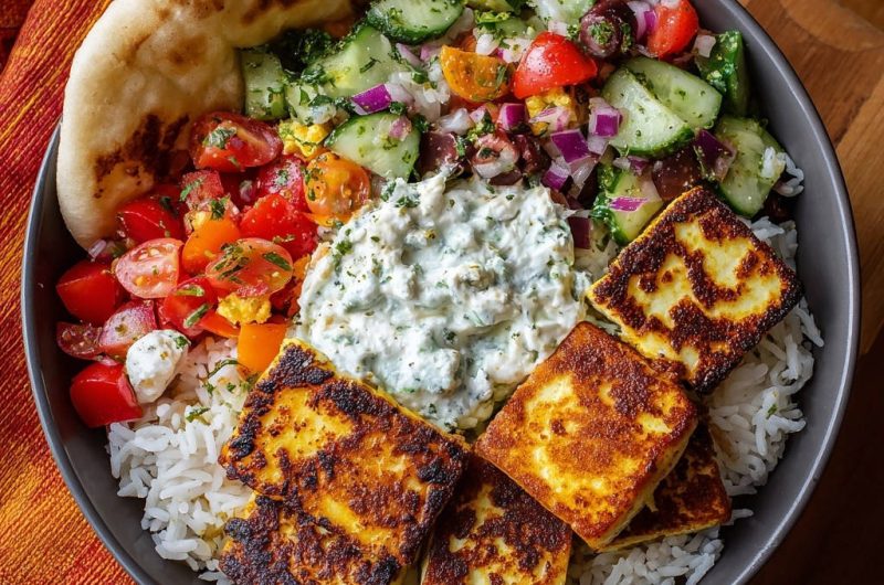 Goldbraune Halloumi-Reis-Bowl